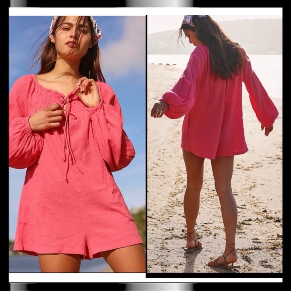 Free People Pink Gauze Long-Sleeve Romper